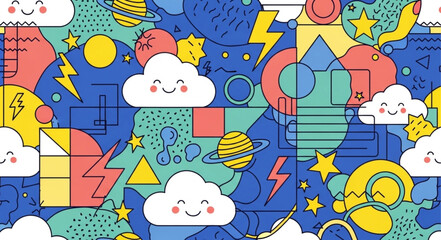 Fototapeta premium Whimsical cartoon pattern with clouds planets and geometric shapes.