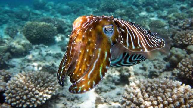 A large cuttlefish with intricate patterns swims gracefully in a coral reef underwater