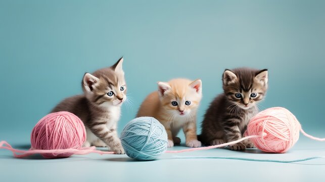 Three cute kittens playing with colorful yarn balls on blue background