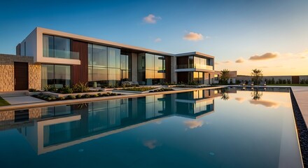 Fototapeta premium Modern Luxury Villa with Infinity Pool at Sunset