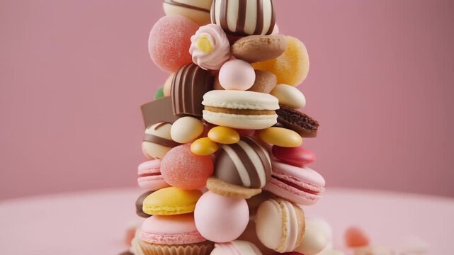 Colorful macarons and sweets tower