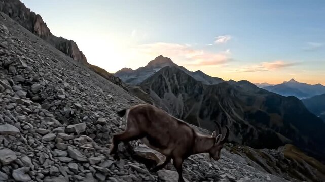 An ibex walks up a steep rocky mountain slope at sunset