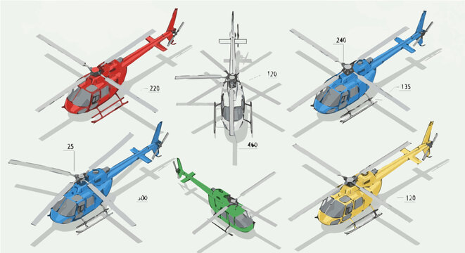 Isometric Helicopter Set with Technical Callouts, Vector Illustrations of Multi-Colored Civil Aircraft in Different Angles