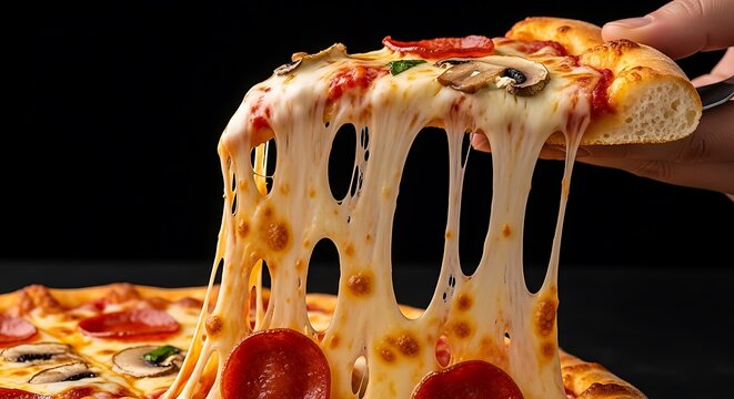 A mouth-watering close-up of a delicious pizza slice being lifted, showcasing abundant, stringy melted mozzarella cheese stretching enticingly from the hot, fresh pie, ready to be enjoyed