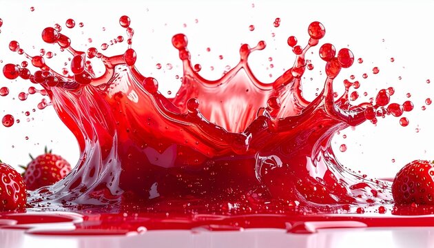 Strawberry Jam Explosion with Thick Pieces and Cracks in Fruit, Isolated 3D Rendering. Vibrant red berry shades, dense glossy texture, hyper-realistic liquid simulation, fresh fruit concept, clean whi
