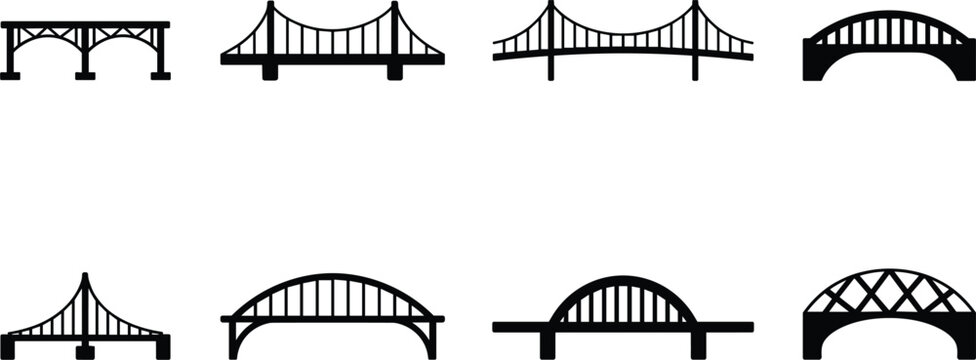 Bridge icons set, various construction bridge structures architecture silhouettes vector illustration collection