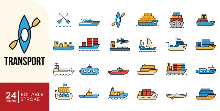 Marine and Shipping Outline Icons. Boat, Cargo, Vessel, Transport, Transport, Nautical, Marine Symbol Editable Stroke
