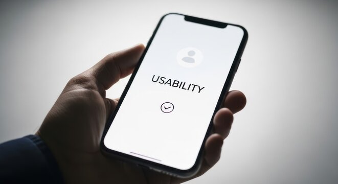 Person holding smartphone with word usability with check mark, for user experience design, interface optimization, quality assurance, digital product success