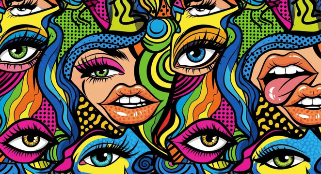 Vibrant Psychedelic Pop Art Faces with Bold Colors and Patterns.