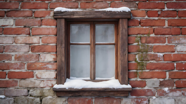 Snowcovered window on brick wall