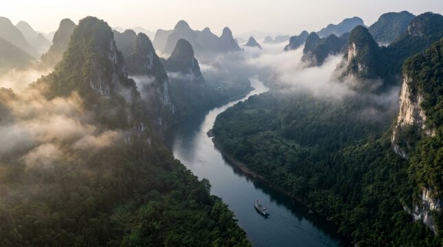 Aerial View of Li River Karst Mountains and Mist at Sunrise in Guilin China