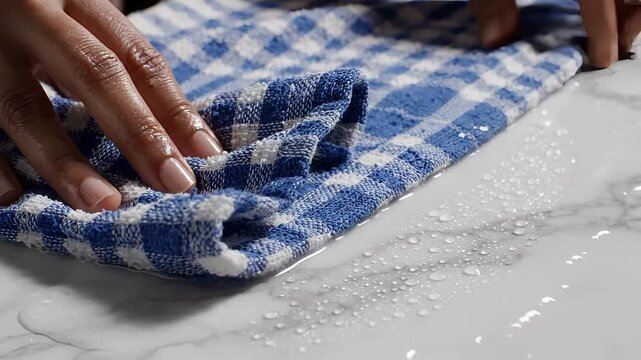 Closeup of a hand wiping a wet surface with a checkered cloth.