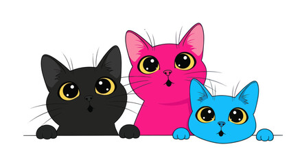 Fototapeta premium Three Cute Cartoon Kittens Peeking Over Edge, Black, Pink, Blue