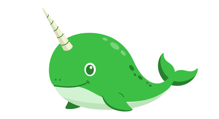 Cute green narwhal with a spiral horn, smiling cartoon sea creature © Andri