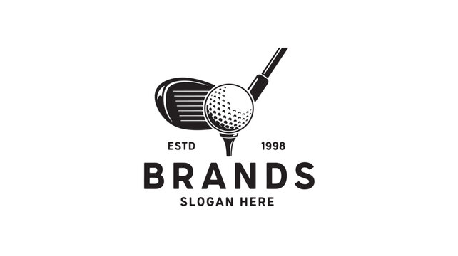 Golf club and ball logo with vintage stripes, ESTD and 1998 text for premium brand identity featuring sports branding, slogan area, monochrome with