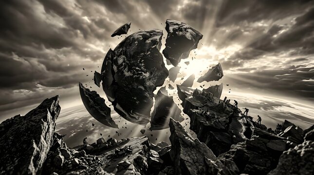 Destructive Lunar Rock Formation Shattering in Sunlit Sky