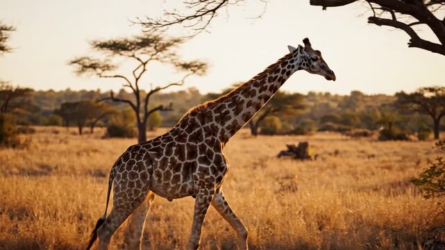 Tall giraffe walking through a golden savanna landscape at sunset