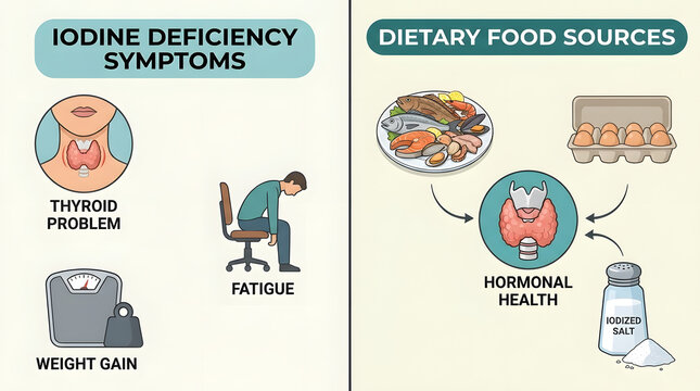 Iodine deficiency symptoms such as thyroid goiter, fatigue, and weight gain alongside dietary food sources including seafood, eggs, and iodized salt for balanced hormonal endocrine health.