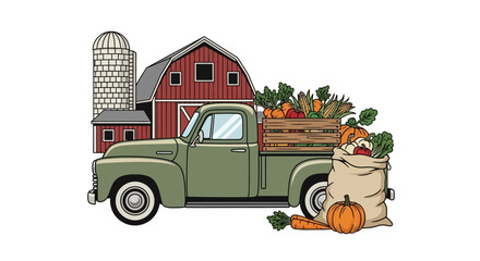 Green Vintage Pickup Truck with Pumpkins. © Yasmin