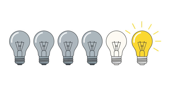 Bright Idea Light Bulb Concept: One Shining Among Many Dimmed