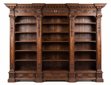 Scaffale per libri d'antiquariato in stile rinascimentale con fregi e decorazioni a rilievo. Generative AI