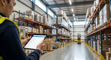 Fototapeta premium warehouse worker using tablet for inventory management