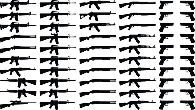 Firearm silhouette collection set with rifles shotguns pistols and weapon icons isolated on white background