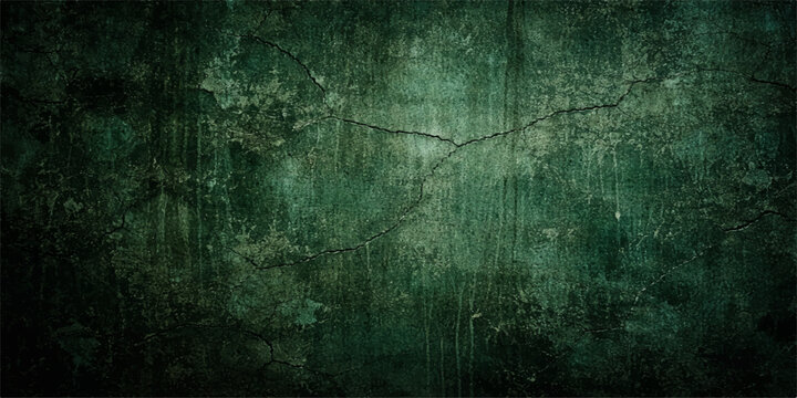 Abstract green grunge background with vintage rays on a dark textured wall featuring old rusty metal and aged paper paint patterns