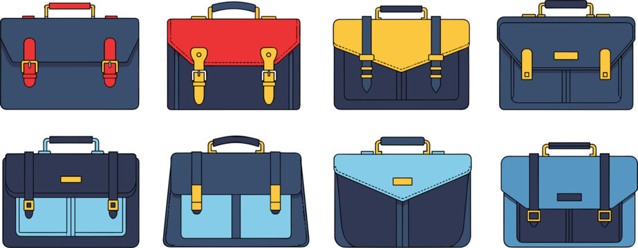 Professional business briefcase vector collection featuring colorful office bags attache cases and leather portfolio document carriers.