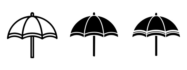 Beach umbrella icon set in three styles: outline, solid black, and detailed silhouette © Maksym cvc