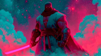 Naklejka premium Warrior stands in colorful space with sword and armor, showing strength and focus on distant planets in a vibrant setting