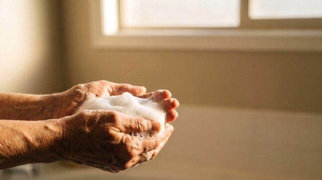 Foamy mature hands holding soap lather in warm bathroom copy space