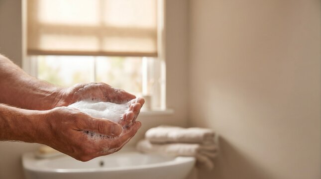 Foamy hand washing in warm bathroom with sink copy space