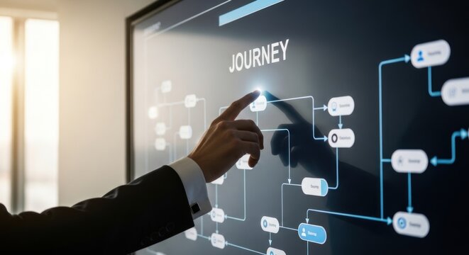 Businessman touching digital screen with customer journey map, for strategic planning, business growth, user experience optimization professional corporate success