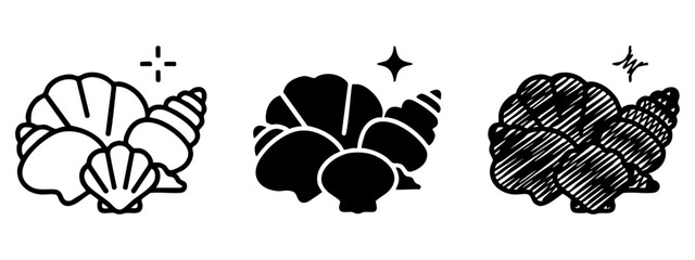 Seashells Icon Set in Three Styles - Outline, Silhouette, and Hand-Drawn Sketch © Maksym cvc