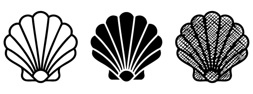 Scallop seashell icon set, bivalve marine symbols for ocean and seafood themes