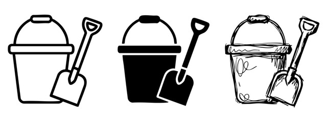 Sand bucket and shovel icon set in outline, silhouette and hand drawn sketch styles for beach play © Maksym cvc