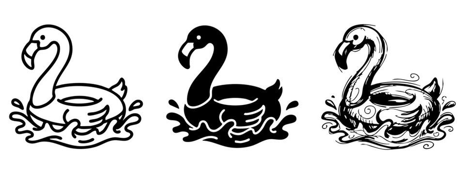 Set of Flamingo Pool Float Splashing in Water Icons in Outline Silhouette and Hand Drawn Sketch Styles