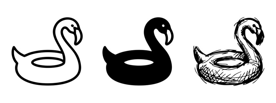 Set of Flamingo Pool Float Icons in Outline Silhouette and Hand Drawn Sketch Styles