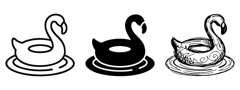 Set of Flamingo Pool Float Floating on Water Ripple Icons in Outline Silhouette and Hand Drawn Sketch Styles