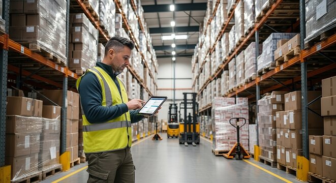 warehouse worker checking inventory on tablet