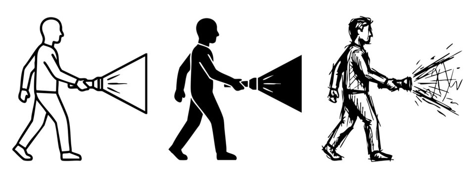Set of Person Walking with Flashlight Icons in Outline Silhouette and Hand Drawn Sketch Styles