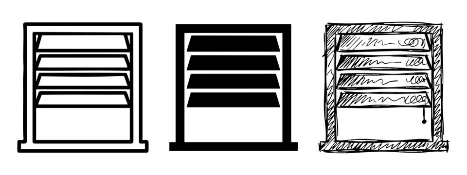 Window with blinds icon set with outline, silhouette, and hand-drawn sketch styles.