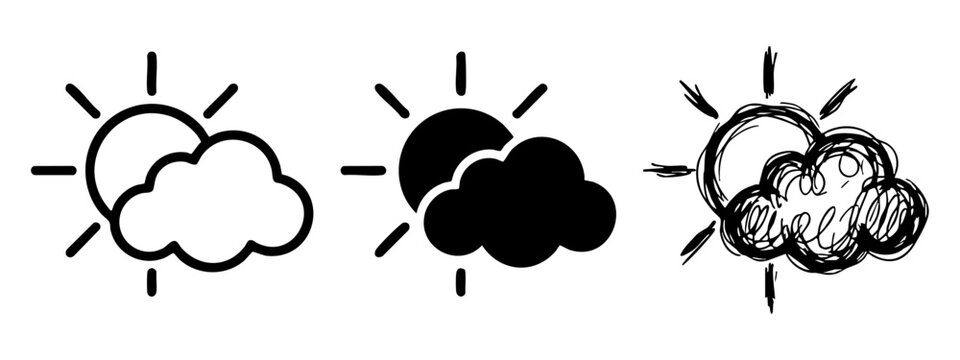 Sun and cloud weather icon set with outline, silhouette, and hand-drawn doodle styles.