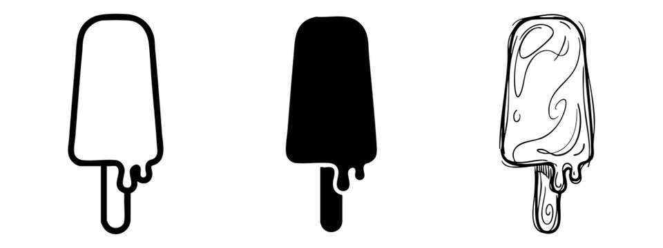 Melting popsicle icon set with outline, silhouette, and hand-drawn doodle versions isolated.