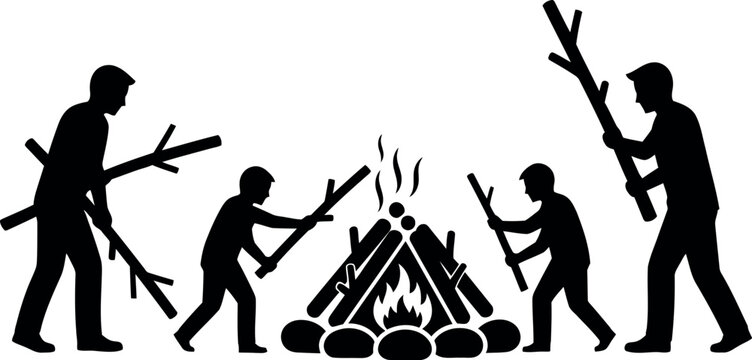 Human evolution silhouette from ape like to upright gathering around fire