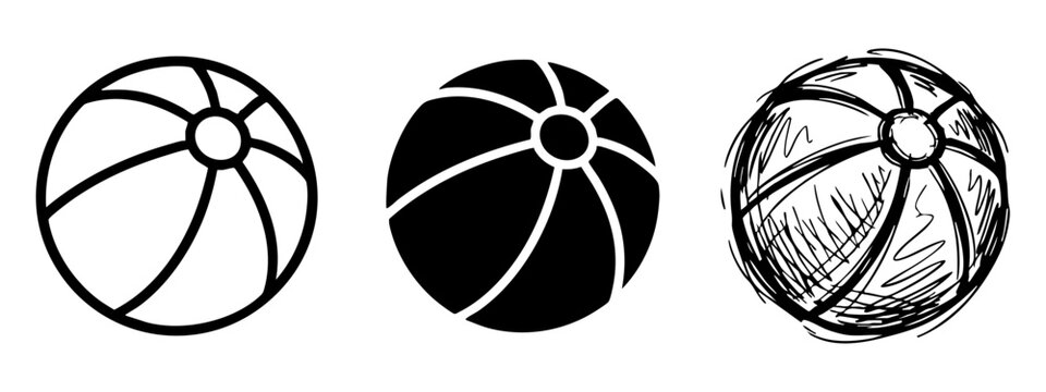 Beach ball icon set in outline, silhouette and hand drawn sketch styles for summer holiday