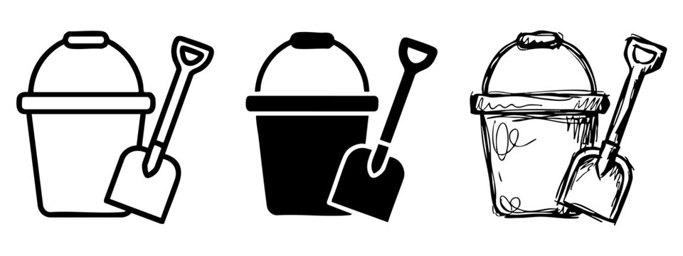 Sand bucket and shovel icon set in outline, silhouette and hand drawn sketch styles for beach play