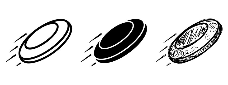 Flying disc frisbee icon set in outline, silhouette and hand drawn sketch styles