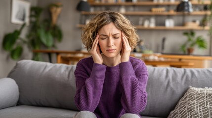 Obraz premium Woman, sofa and stress with headache, migraine or anxiety with massaging temple in living room. Tension, mental health and wellness discomfort, crisis and worried female person frustrated in home